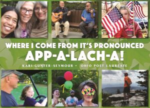 Collage of photos depicting the author and others smiling, playing bluegrass instruments, waving a U.S. flag, and gazing upon a distant mountain vista.